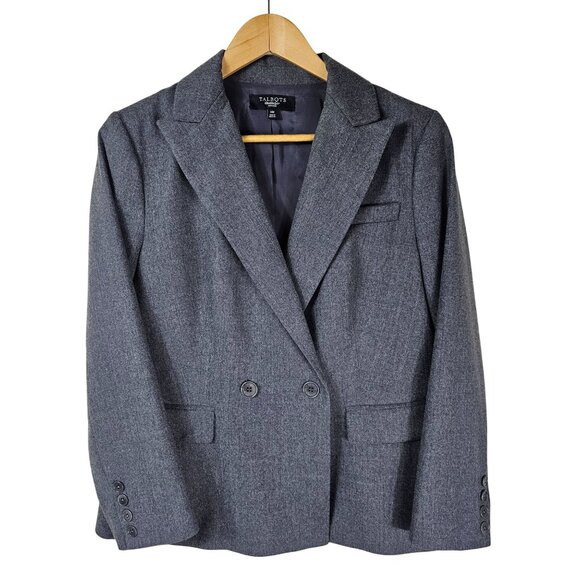 Talbots Gray Stretch Wool Double-Breasted Blazer Jacket 14P Neutral Quiet Luxury - Picture 1 of 10